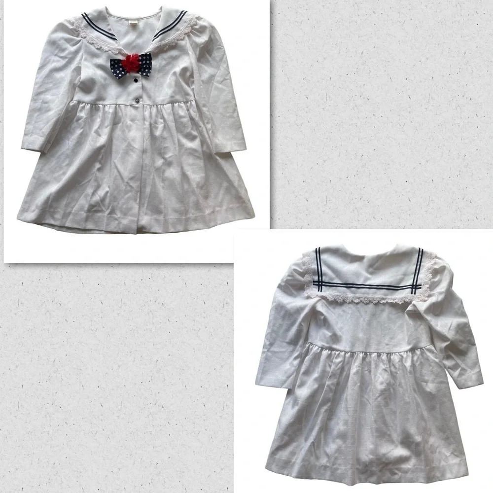 Vintage Just Adorable Sailor Dress White Navy Blue Size 6X Nautical Lace lapel